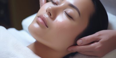 Beautiful young asian woman enjoying facial massage in spa salon, Asian woman receiving facial skin treatment in beauty salon Close up, AI Generated